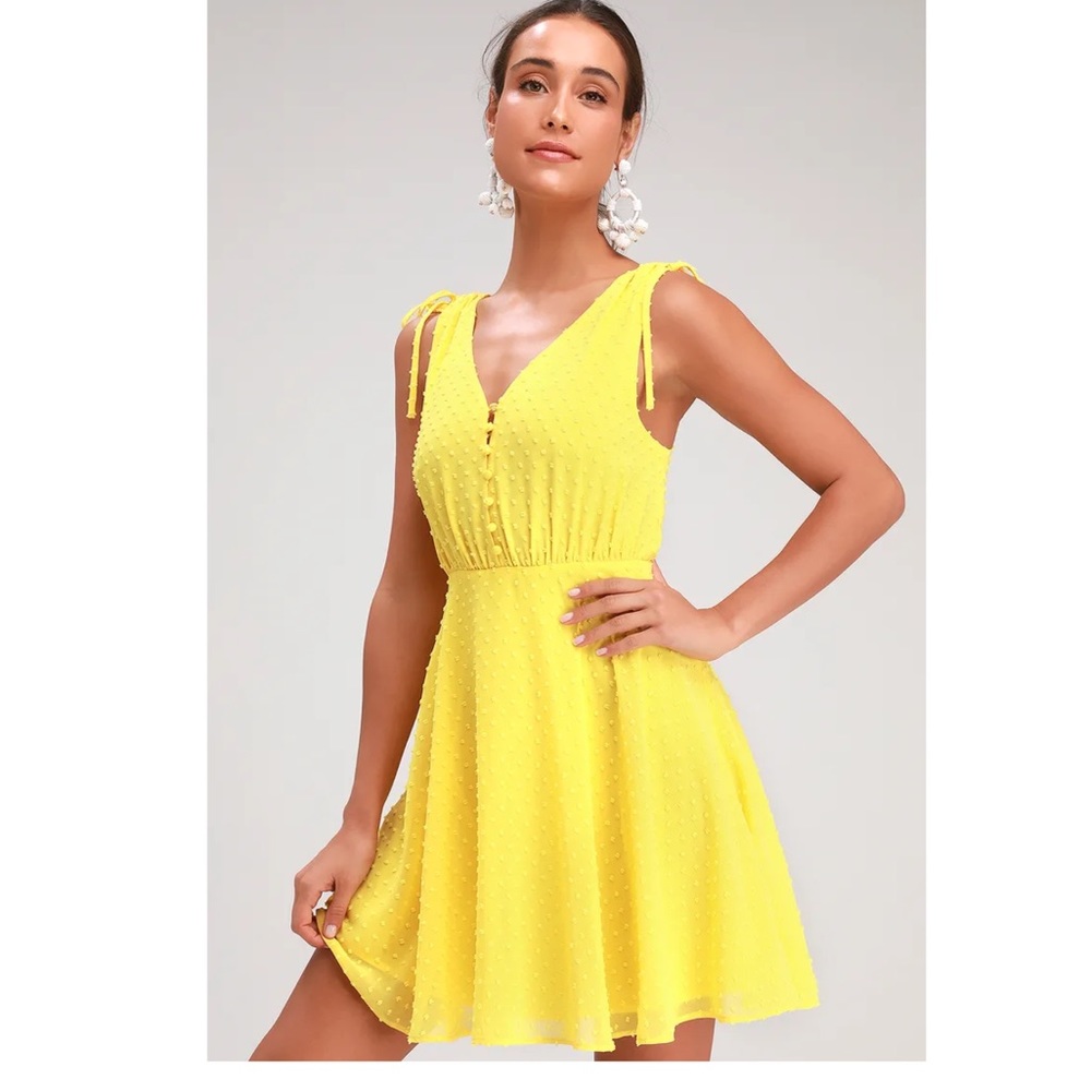 Chara Yellow Swiss Dot Button-Up Skater Dress
